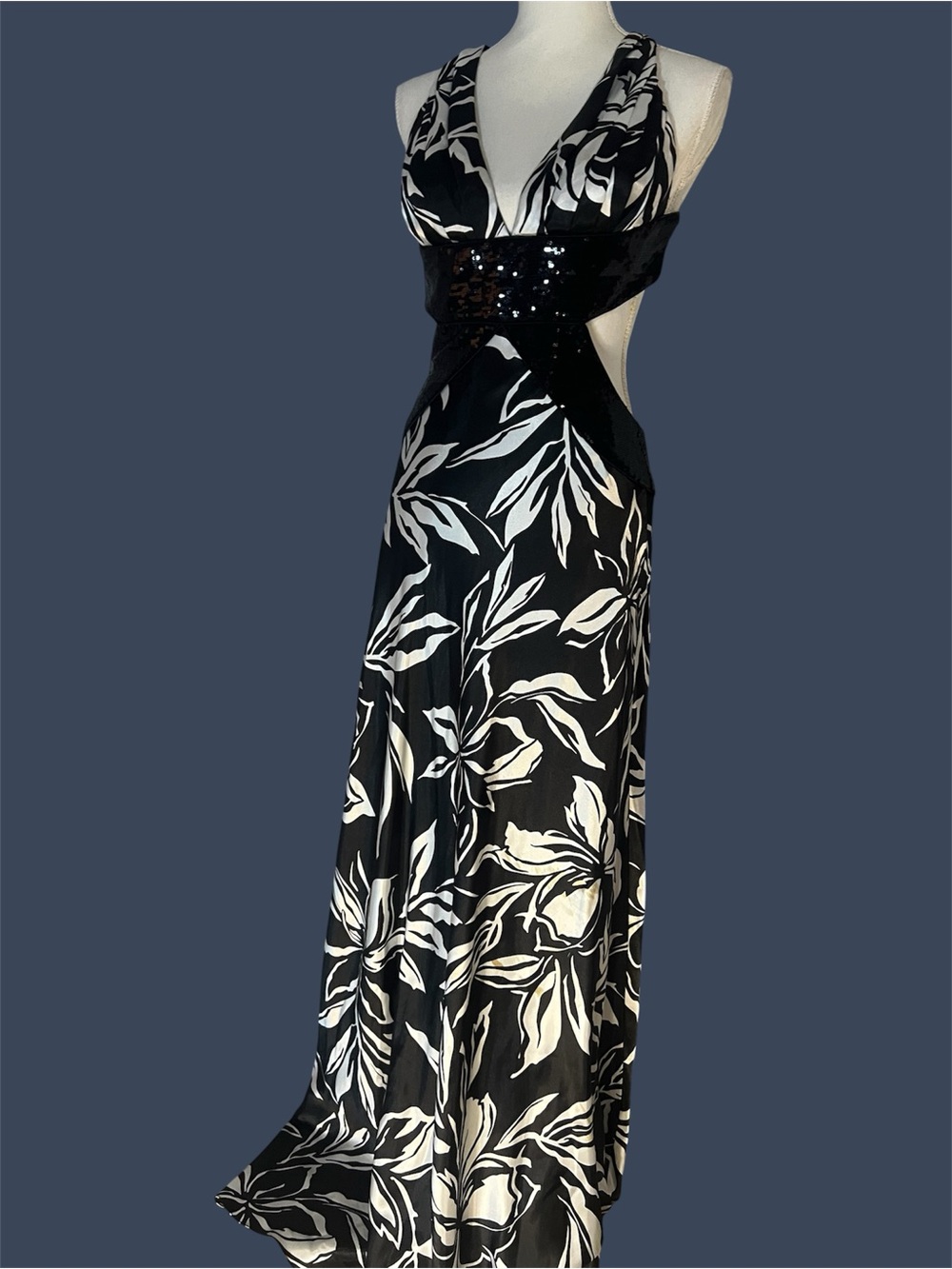 Adrianna Papell Black & White Halter Floral Maxi Dress